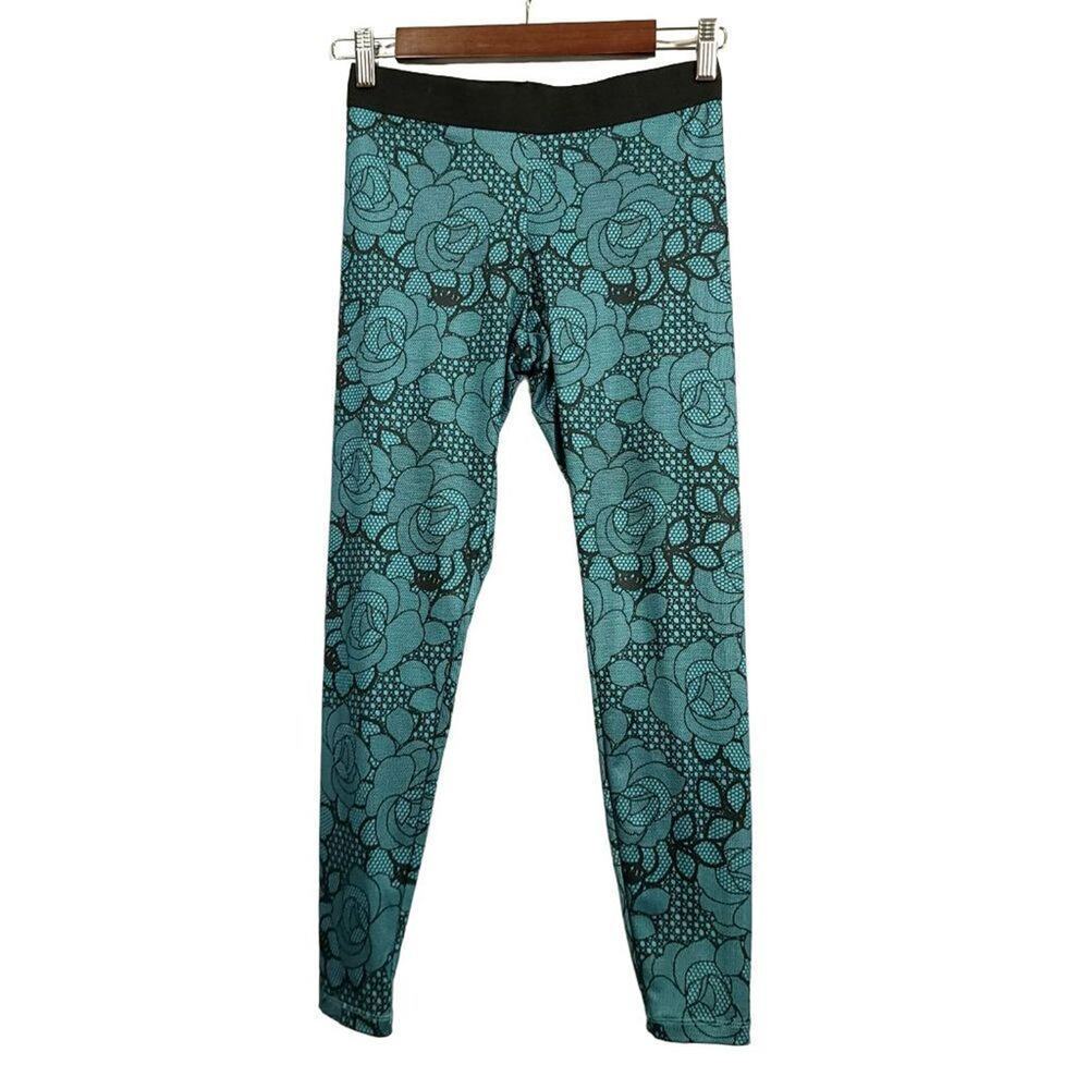 Candies Leggings Size S Lace Print Teal Black Juniors Pants Silky Emo Punk